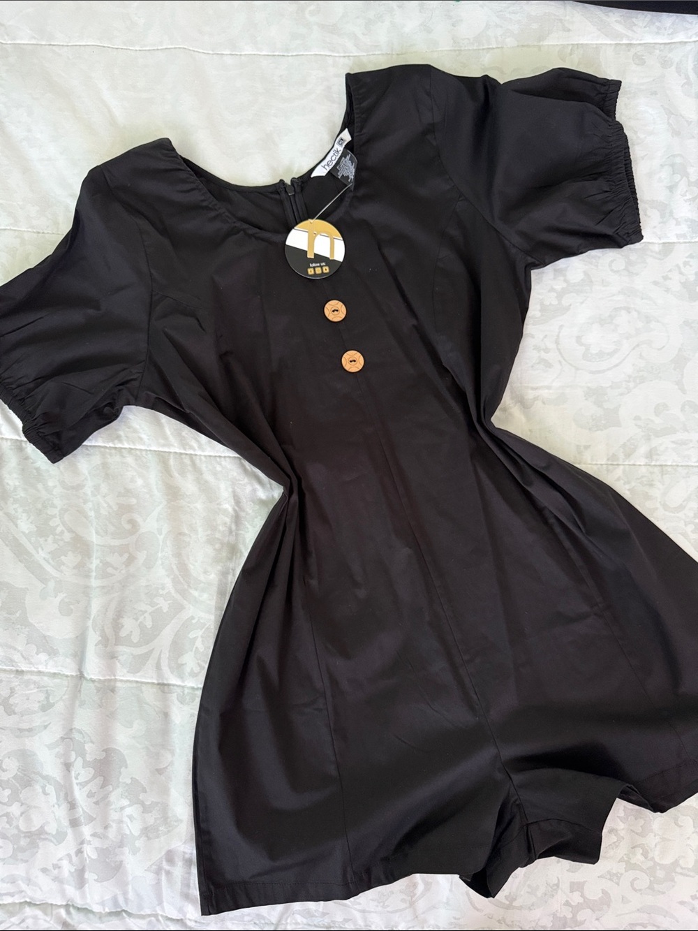 Black Short-Sleeve Mini Dress with Wood Button Detail